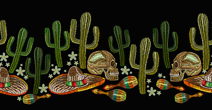 Embroidery mexican culture. Horizontal seamless pattern. Clothes template, t-shirt design. Human skull and maracas, cactus