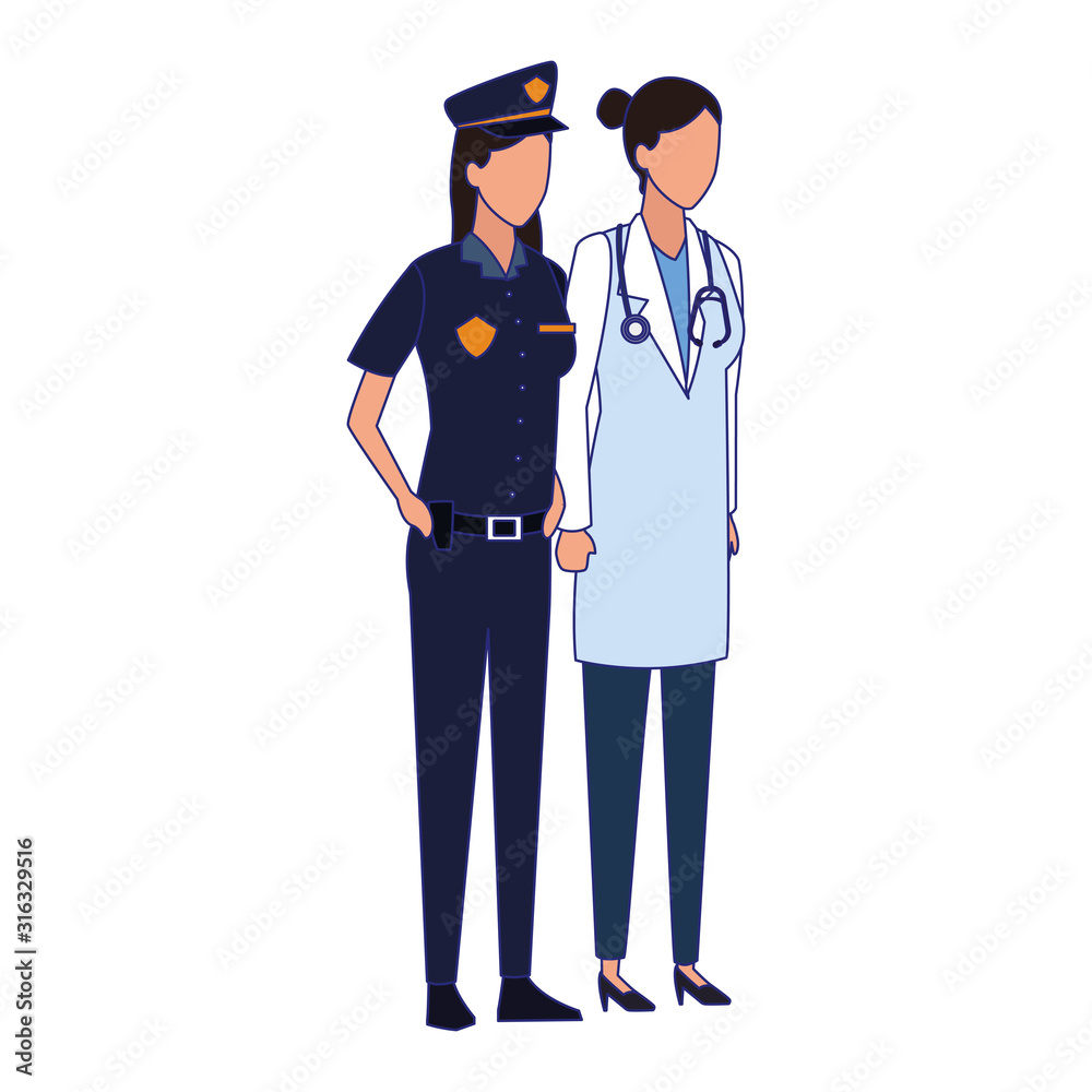 Wall mural doctor woman and police woman standing icon, colorful design