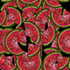 Embroidery fresh watermelon slices. Food art. Seamless pattern. Fashion clothes template, t-shirt design