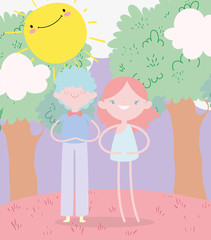 happy valentines day, young man and cupid in the forest trees sun cartoon