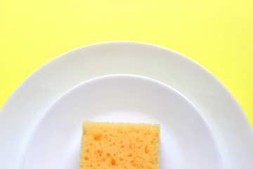 means for washing dishes and sponges on a plate on a colored background. household chores, washing dishes