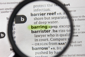 The word or phrase barring in a dictionary.