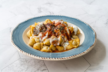 Homemade Russian Pelmeni Fried Dumplings with Meat, Yogurt, Tomato Sauce and Spices.