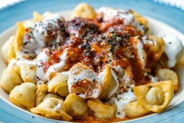Homemade Russian Pelmeni Fried Dumplings with Meat, Yogurt, Tomato Sauce and Spices.