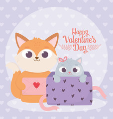 happy valentines day, cute fox with letter and little cat on gift box love