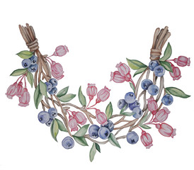  Watercolor illustration wreath with forest blue berries with pink flowers on a white background. Illustration for design, print or background