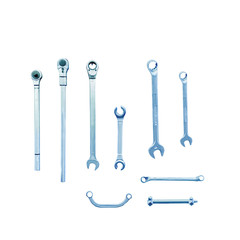 Many type of Wrench tool on white background.