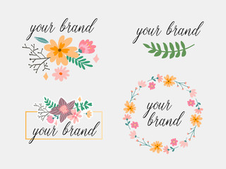 Hand drawn logo collection. Logo design with flowers and beautiful fonts. For designers, florists, photographers and other creative professions