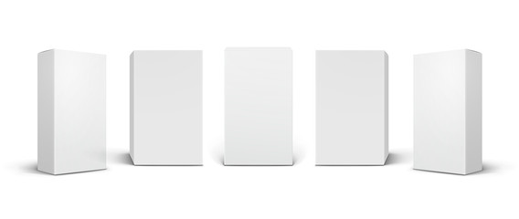 Empty white product mockups, cosmetic, medical packaging boxes at different angles.