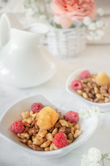 Organic granola with raspberries for Breakfast in a white porcelain Cup on a light background