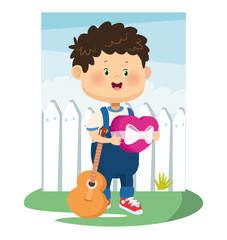 Obraz na płótnie Canvas cartoon boy standing with heart chocolate box and guitar
