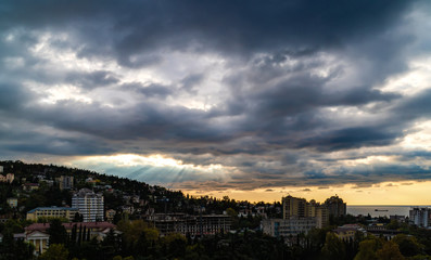 Beautiful sky landscape, blue and yellow sky, amazing view of the space between the clouds, the sacred beauty of nature