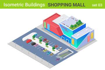 Isometric Shopping Mall Center Building with Cars on Parking flat vector collection.