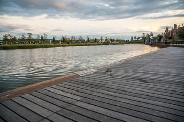 Obraz premium wooden deck at neckar shore