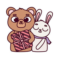 happy valentines day, cute bear with gift and rabbit love