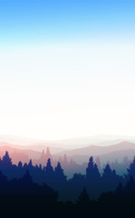 Natural forest trees mountains horizon hills silhouettes of trees and hills in the evening Sunrise and sunset Landscape wallpaper Illustration vector style Colorful view background