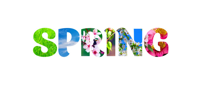 SPRING decorative inscription with letters filled with photos of spring
