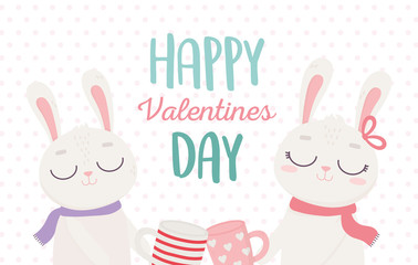 Obraz na płótnie Canvas happy valentines day, cute couple bunnies with coffee cups