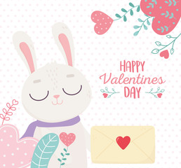 happy valentines day, cute bunny with envelope message love romantic hearts leaves