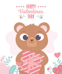 happy valentines day, cute bear with gift hearts love foliage