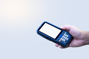 Hands holding portable barcode scanner on white background