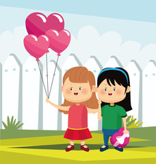 Obraz na płótnie Canvas cartoon girls with heart balloons and chocolate box, colorful design