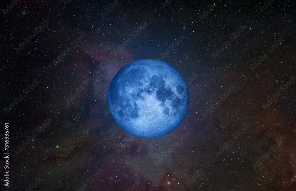 Poster blue moon and earth from outer space with millions of stars around it.