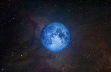Fototapeta na wymiar Blue Moon and Earth from outer space with millions of stars around it.