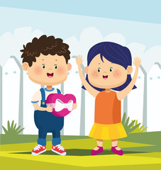 cartoon cute couple in love standing, colorful design