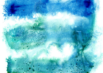 Watercolor salt stain in clouds shape for background and cover ฺฺBlue tone watercolor techniques on paper to make paint stroke stain fluid and paper grunge surface. Use ink Japanese wet on wet salt.
