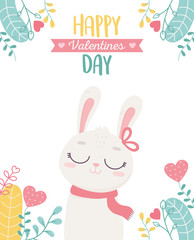 happy valentines day, cute bunny hearts love foliage card