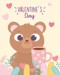 happy valentines day, cute bear with coffee cup with hearts leaves plants