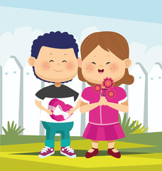 Obraz na płótnie Canvas cartoon cute girl and boy in love standing over white fence background