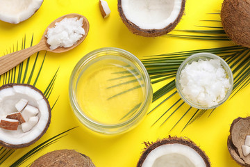 Flat lay composition with coconut oil on yellow background