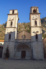 Fototapeta na wymiar Montenegro. Old Town of Kotor, UNESCO-World Heritage Site. View of Cathedral of Saint Tryphon on sunny winter day