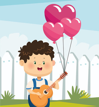 cartoon boy in love with hearts and guitar over white fence background