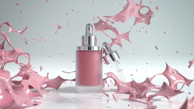 Liquid explosion with makeup serum bottle with pipette. Skin care serum liquid splashing on silver background. 3D realistic animation. 