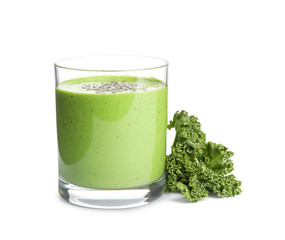Tasty fresh kale smoothie on white background