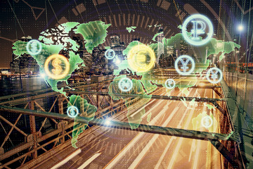 Forex chart on cityscape with tall buildings background multi exposure. Financial research concept.