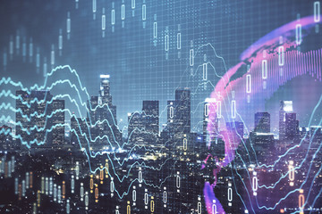 Forex chart on cityscape with tall buildings background multi exposure. Financial research concept.