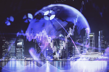 Financial chart on city scape with tall buildings background multi exposure. Analysis concept.