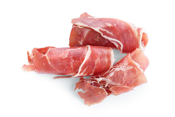 Tasty prosciutto on white background, top view