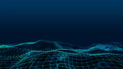 Fotobehang Nachtblauw Abstract plexus triangle landscape mountain in blue and green color. Copy space low poly background with dots and connecting lines. Futuristic, big data, wallpaper, science. 3D rendering  © Space Creator