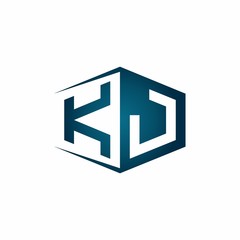 KJ monogram logo with hexagon shape and negative space style ribbon design template