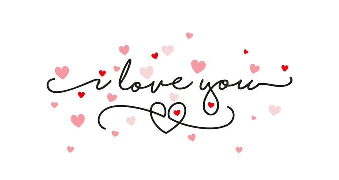 I love You handwritten typography lettering line design pink red hearts white Valentine's Day greeting card