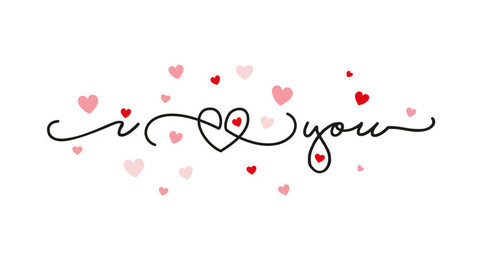 I love You handwritten typography line design heart pink red hearts white Valentines Day greeting card