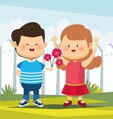 cute boy in love giving flowers a girl