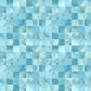 Shades of blue, random tile background, seamless pattern. Watercolor illustration.