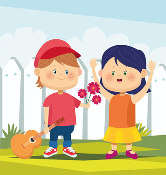 cartoon happy boy with a guitar and giving flowers a girl