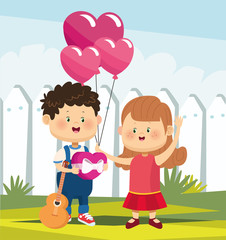Obraz na płótnie Canvas cute girl and boy in love with heart balloons and guitar, colorful design